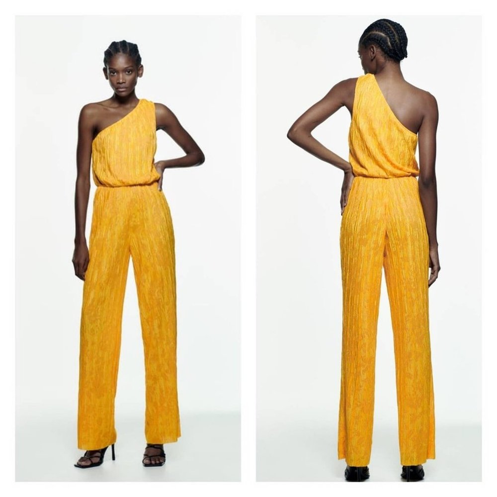 ZARA Jacquard One Shoulder Jumpsuit M Orange